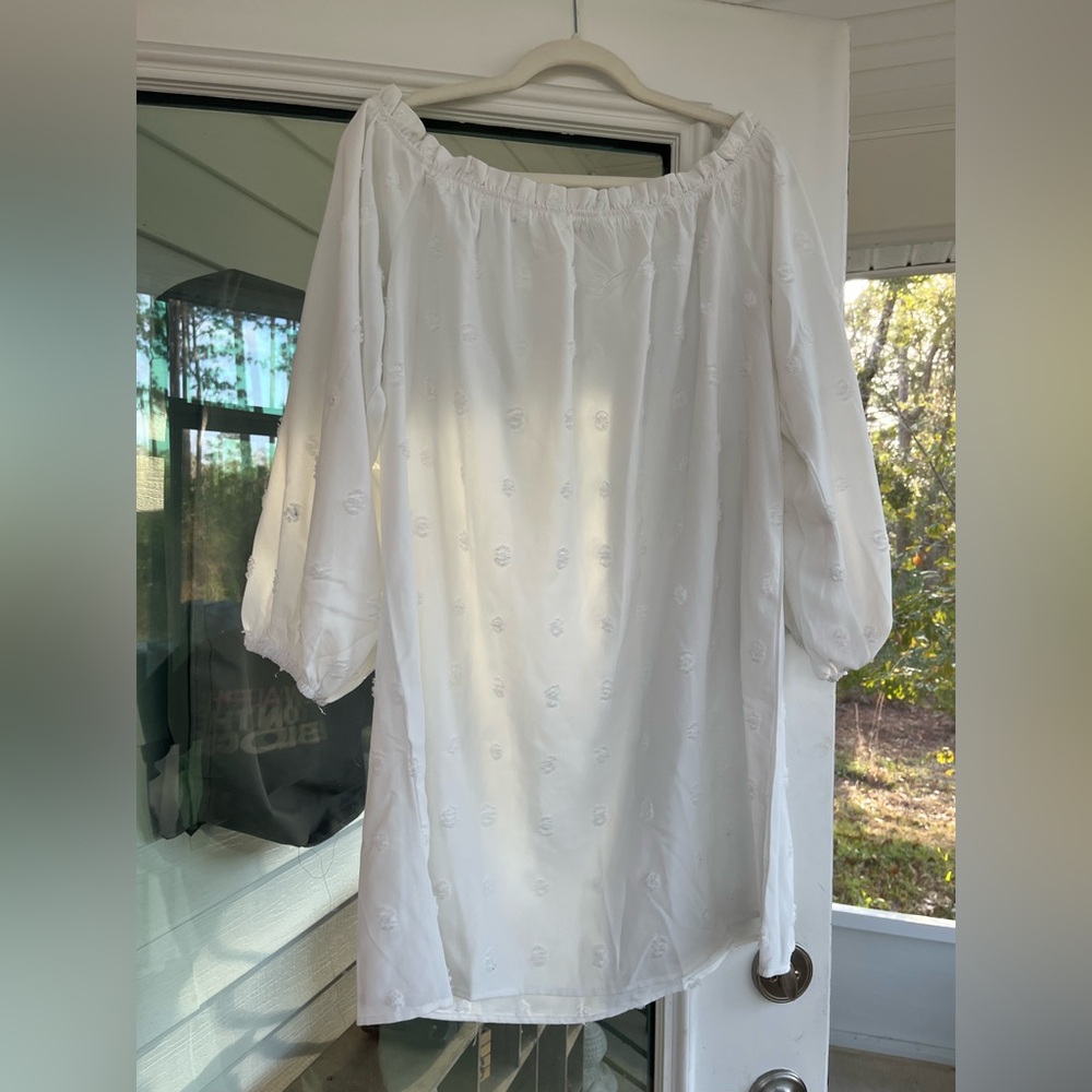 White Off-Shoulder Swiss Dot Cover Up Dress – No Tag